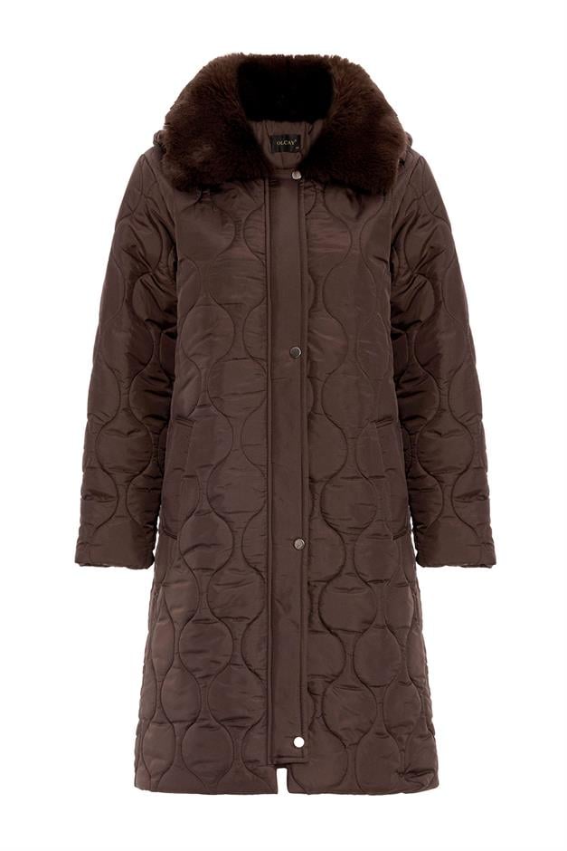 Yakası Kürklü Çıkabilir Kapüşonlu Fermuar Kapamalı Kapitone Mont KAHVE 6784