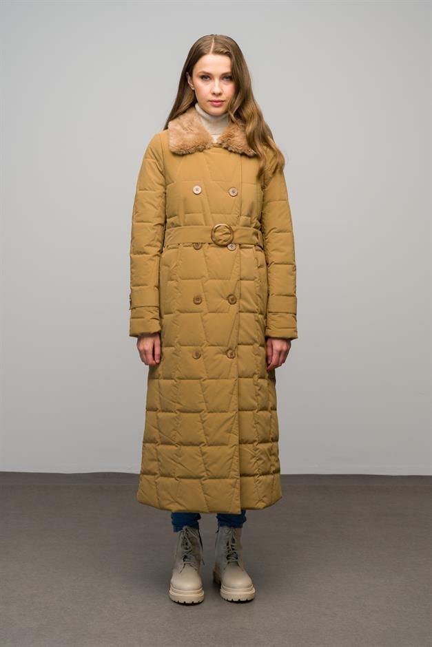 معطف طويل منقوش مزدوج الصدر بياقة من الفرو كامل 6660