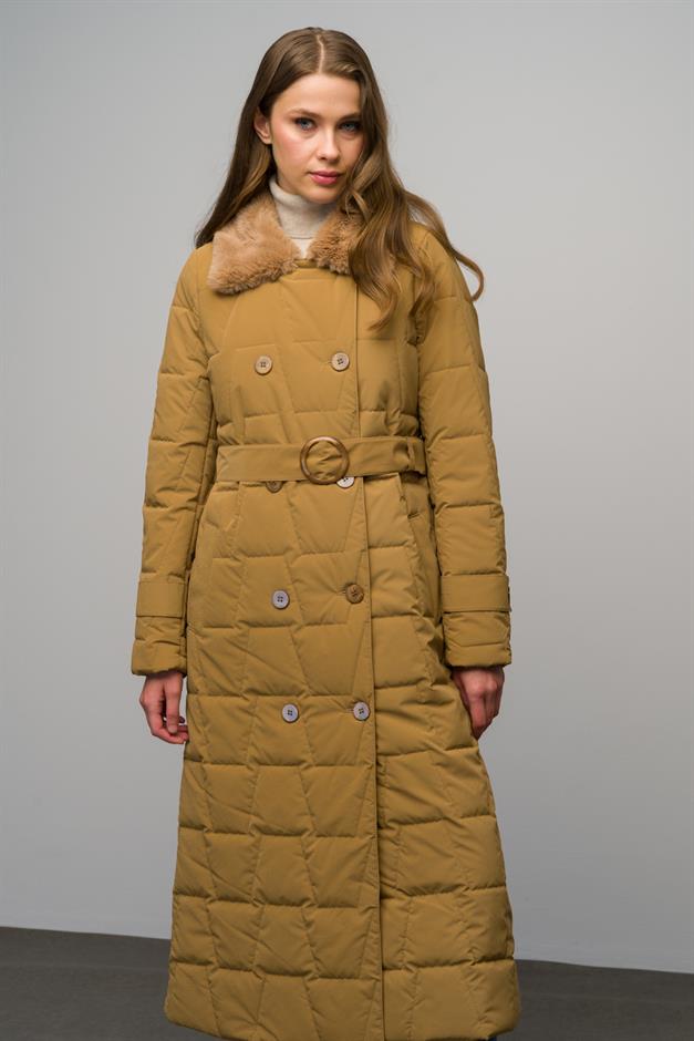 معطف طويل منقوش مزدوج الصدر بياقة من الفرو كامل 6660