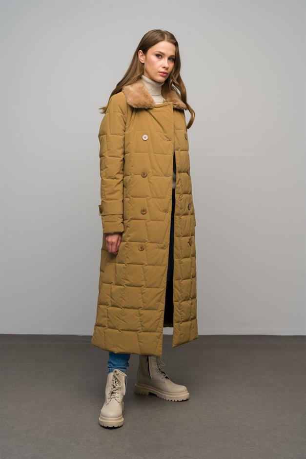 معطف طويل منقوش مزدوج الصدر بياقة من الفرو كامل 6660