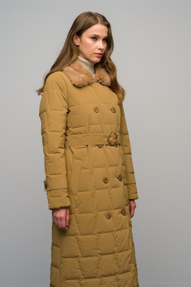 معطف طويل منقوش مزدوج الصدر بياقة من الفرو كامل 6660