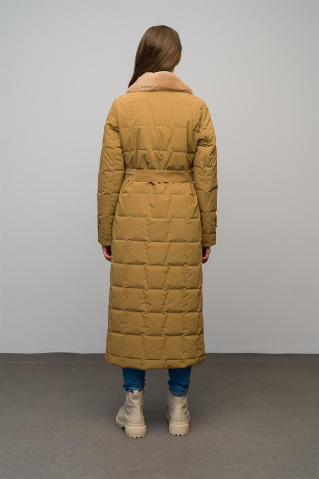 معطف طويل منقوش مزدوج الصدر بياقة من الفرو كامل 6660