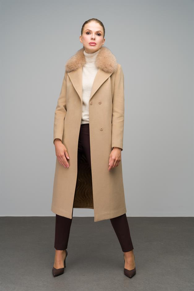 Cashmere Coat with Fur Collar and Point Stitching BEIGE 3542-TK