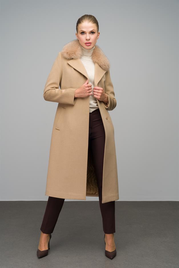 Cashmere Coat with Fur Collar and Point Stitching BEIGE 3542-TK