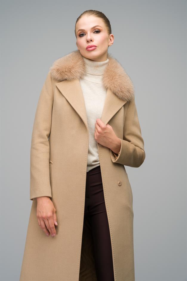 Cashmere Coat with Fur Collar and Point Stitching BEIGE 3542-TK