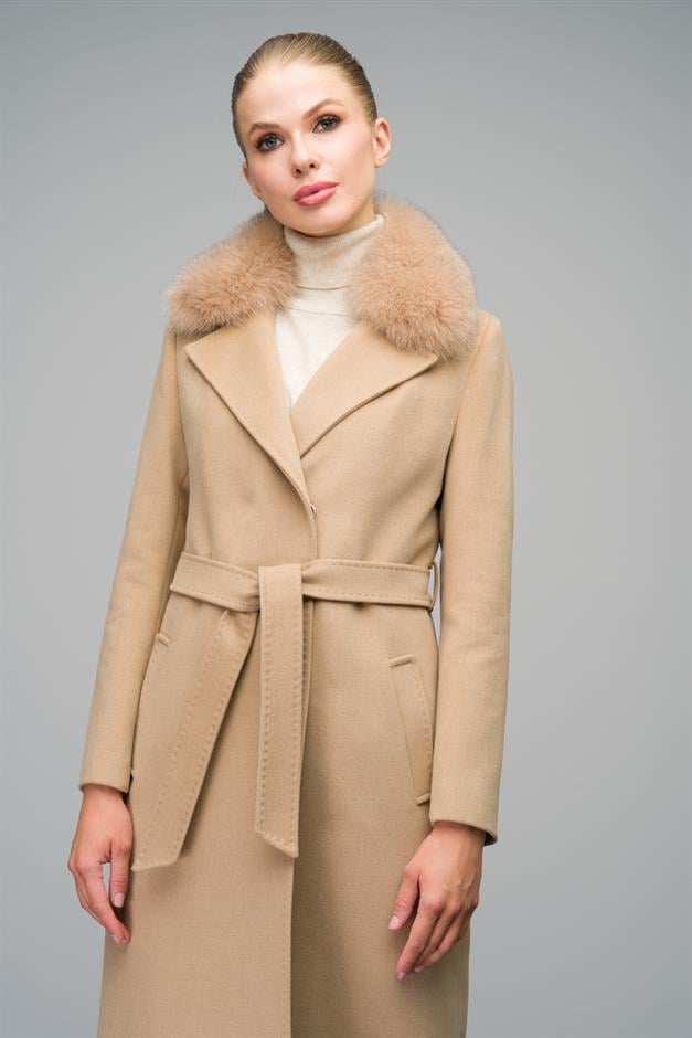 Cashmere Coat with Fur Collar and Point Stitching BEIGE 3542-TK