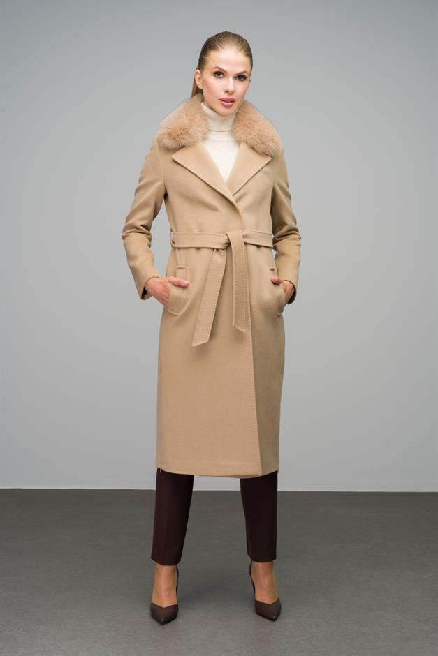 Cashmere Coat with Fur Collar and Point Stitching BEIGE 3542-TK
