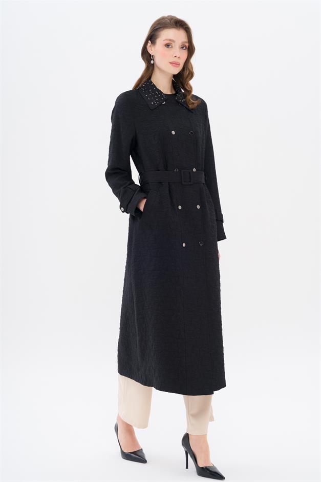 Quilted Patterned Lightweight Coat with Stone Detail on the Collar BLACK 6706