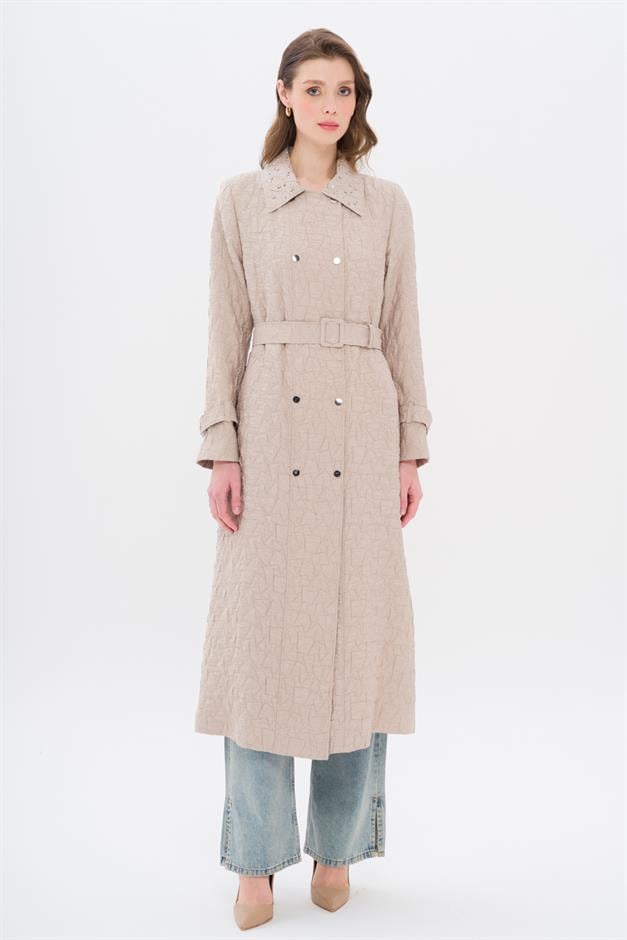 Quilted Patterned Lightweight Coat with Stone Detail on the Collar STONE 6706