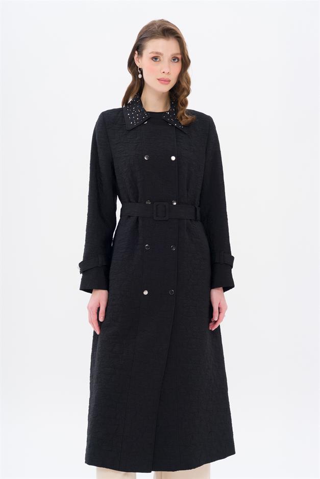 Quilted Patterned Lightweight Coat with Stone Detail on the Collar BLACK 6706