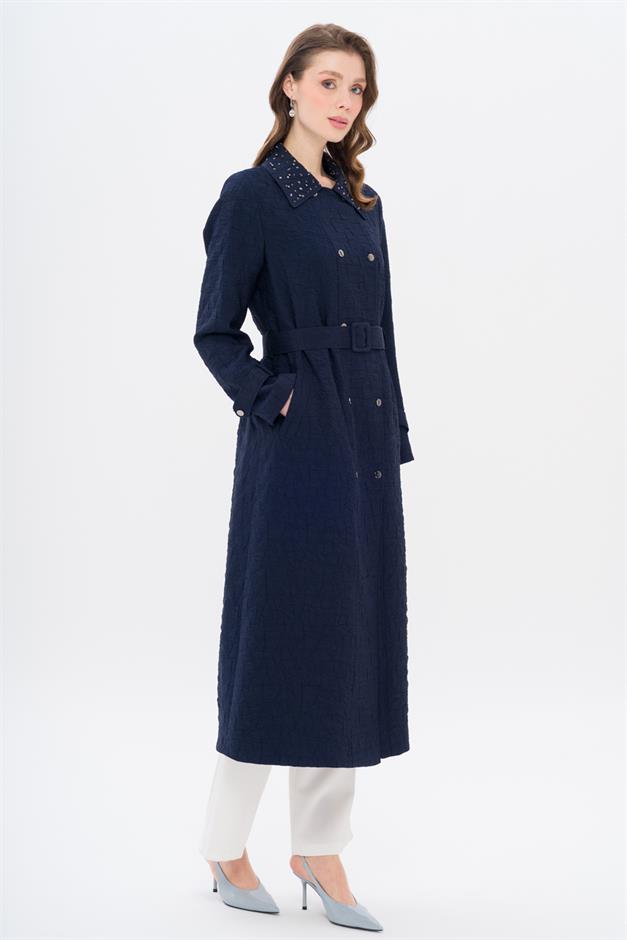 Quilted Patterned Lightweight Coat with Stone Detail on the Collar NAVY 6706