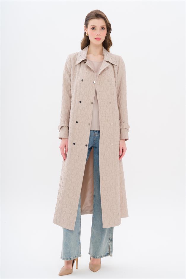 Quilted Patterned Lightweight Coat with Stone Detail on the Collar STONE 6706