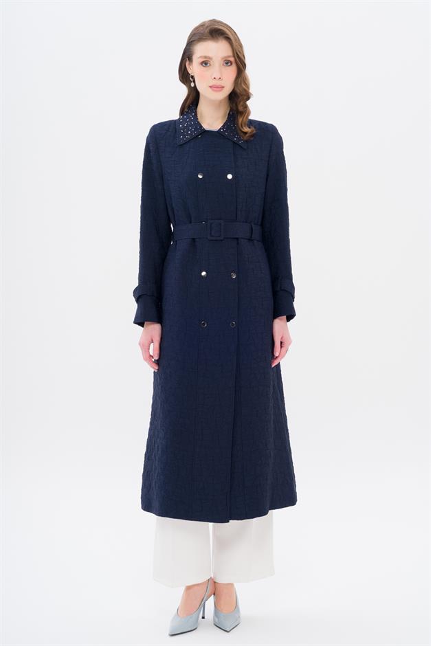 Quilted Patterned Lightweight Coat with Stone Detail on the Collar NAVY 6706