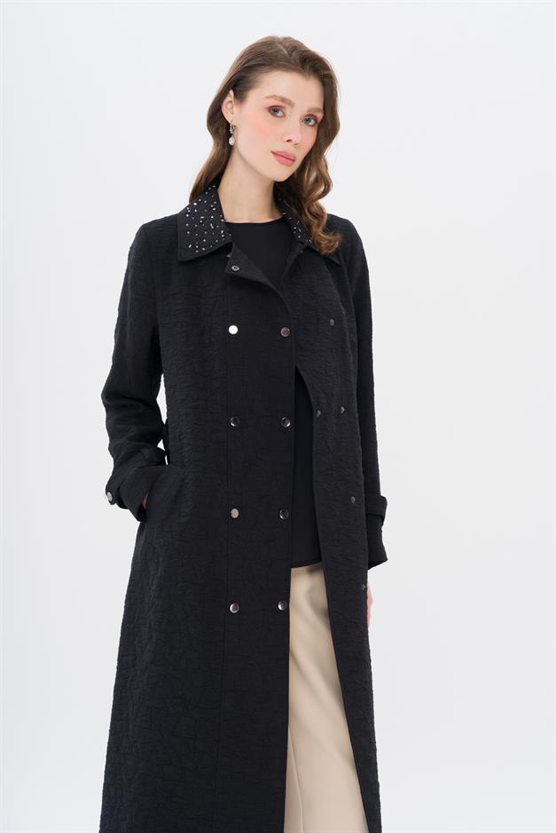 Quilted Patterned Lightweight Coat with Stone Detail on the Collar BLACK 6706
