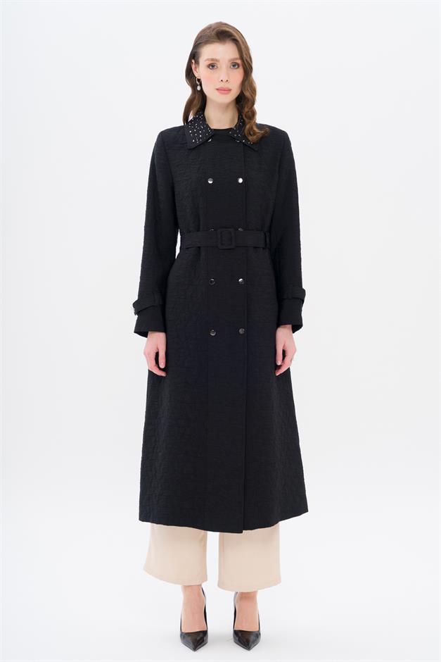 Quilted Patterned Lightweight Coat with Stone Detail on the Collar BLACK 6706