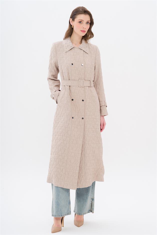 Quilted Patterned Lightweight Coat with Stone Detail on the Collar STONE 6706