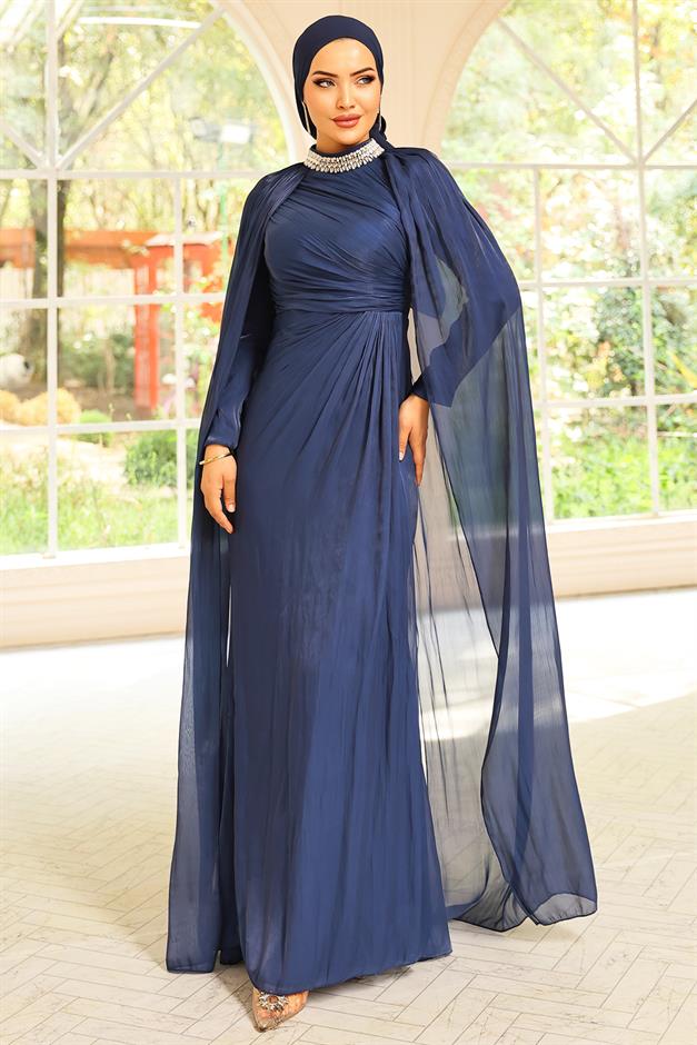 Yakası Taşlı Pelerin Detaylı Yoryo İpek Tesettür Abiye Elbise K. İNDİGO 1247