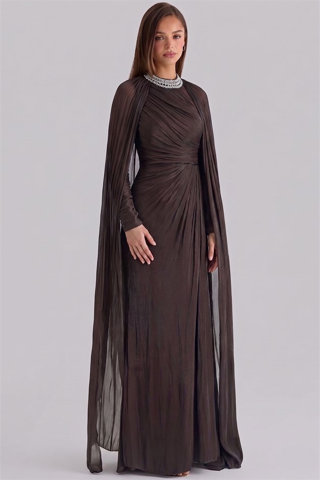 Yakası Taşlı Pelerin Detaylı Yoryo İpek Tesettür Abiye Elbise K. KAHVE 1247