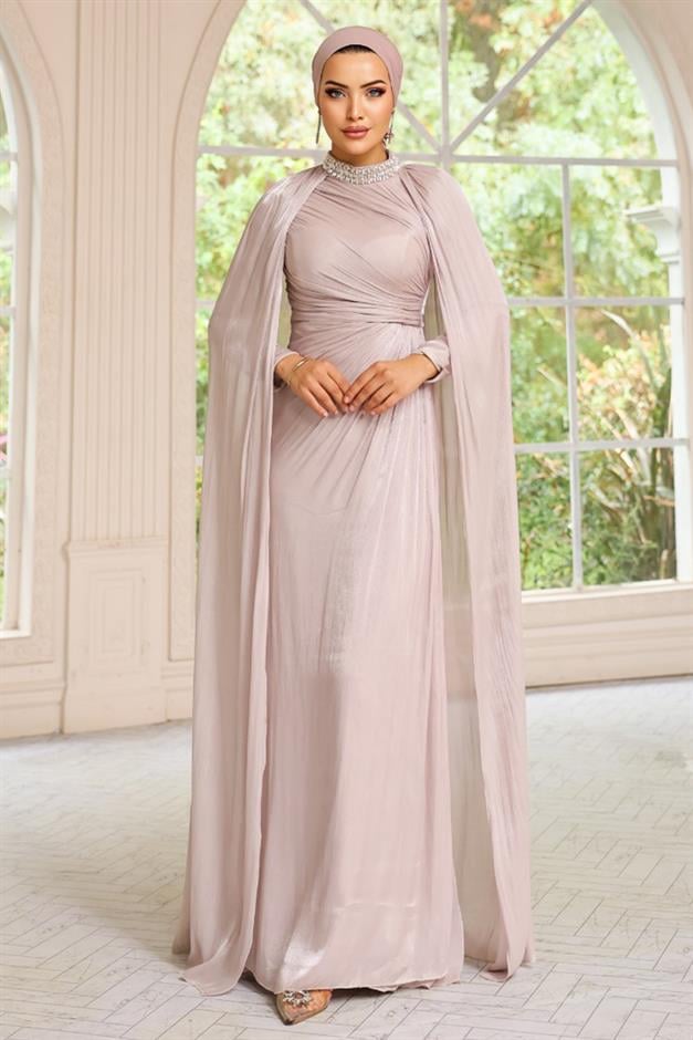 Yakası Taşlı Pelerin Detaylı Yoryo İpek Tesettür Abiye Elbise TAŞ 1247