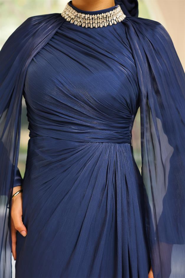 Yakası Taşlı Pelerin Detaylı Yoryo İpek Tesettür Abiye Elbise K. İNDİGO 1247