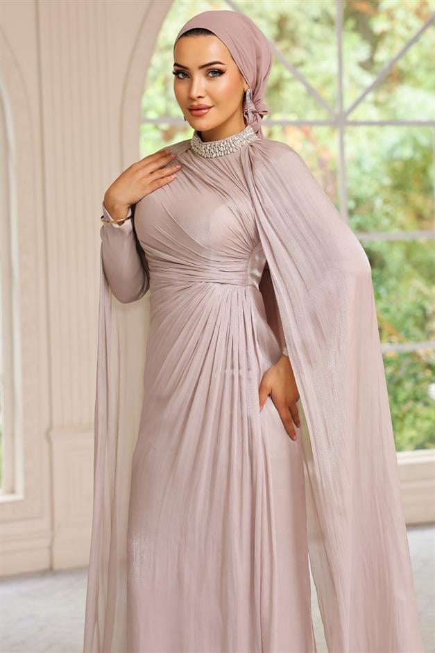 Yakası Taşlı Pelerin Detaylı Yoryo İpek Tesettür Abiye Elbise TAŞ 1247