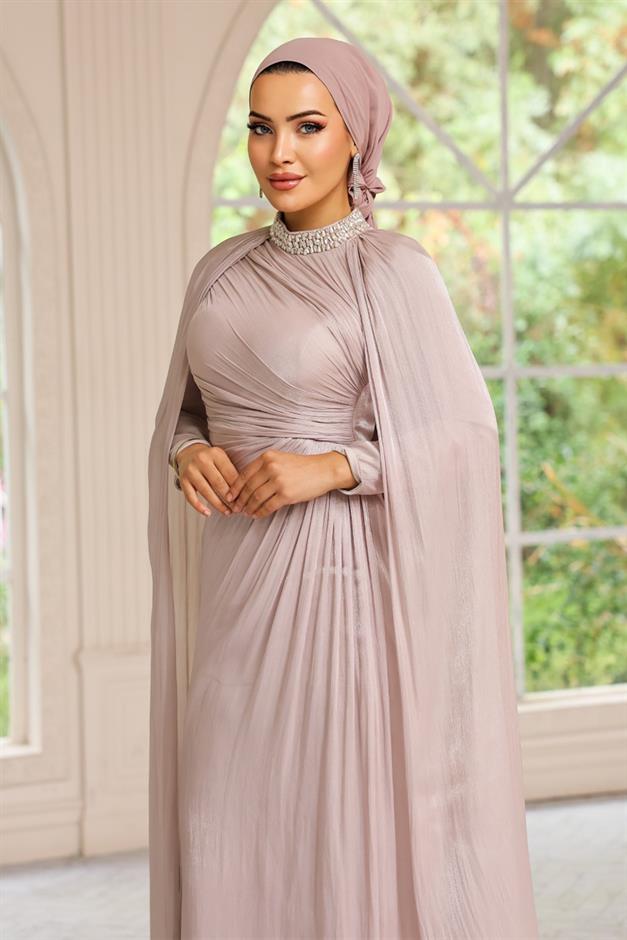 Yakası Taşlı Pelerin Detaylı Yoryo İpek Tesettür Abiye Elbise TAŞ 1247