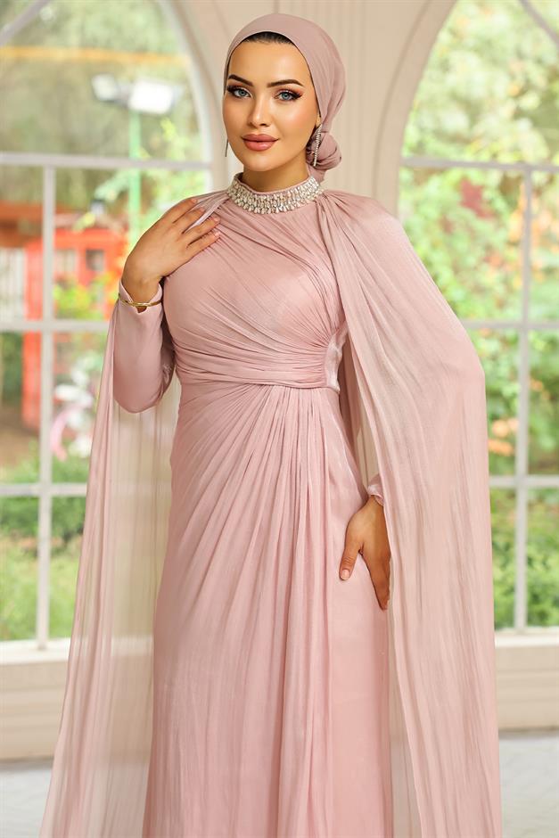 Yakası Taşlı Pelerin Detaylı Yoryo İpek Tesettür Abiye Elbise PUDRA 1247