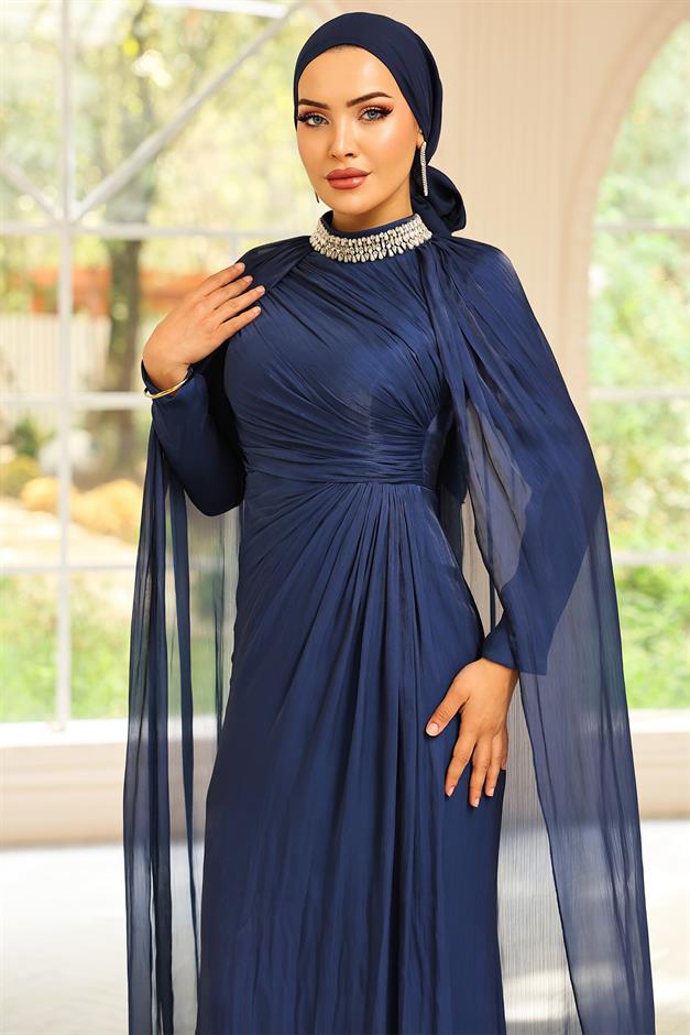 Yakası Taşlı Pelerin Detaylı Yoryo İpek Tesettür Abiye Elbise K. İNDİGO 1247