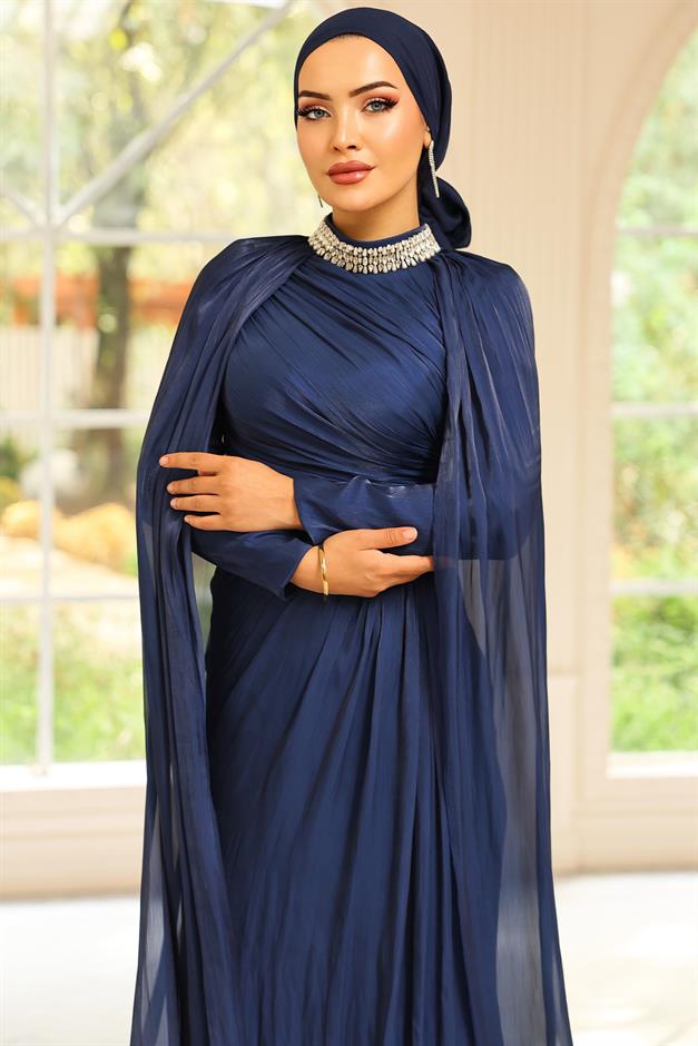 Yakası Taşlı Pelerin Detaylı Yoryo İpek Tesettür Abiye Elbise K. İNDİGO 1247