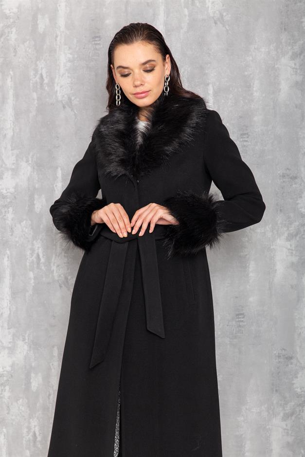 Mens Mid-Length Coat with Removable Fur Collar and Cuffs BLACK 3636