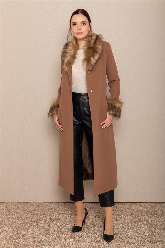 Mens Mid-Length Coat with Removable Fur Collar and Cuffs CAMEL 3636
