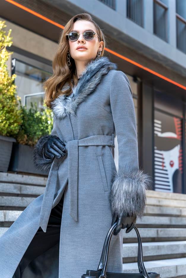 Mens Mid-Length Coat with Removable Fur Collar and Cuffs GREY 3636