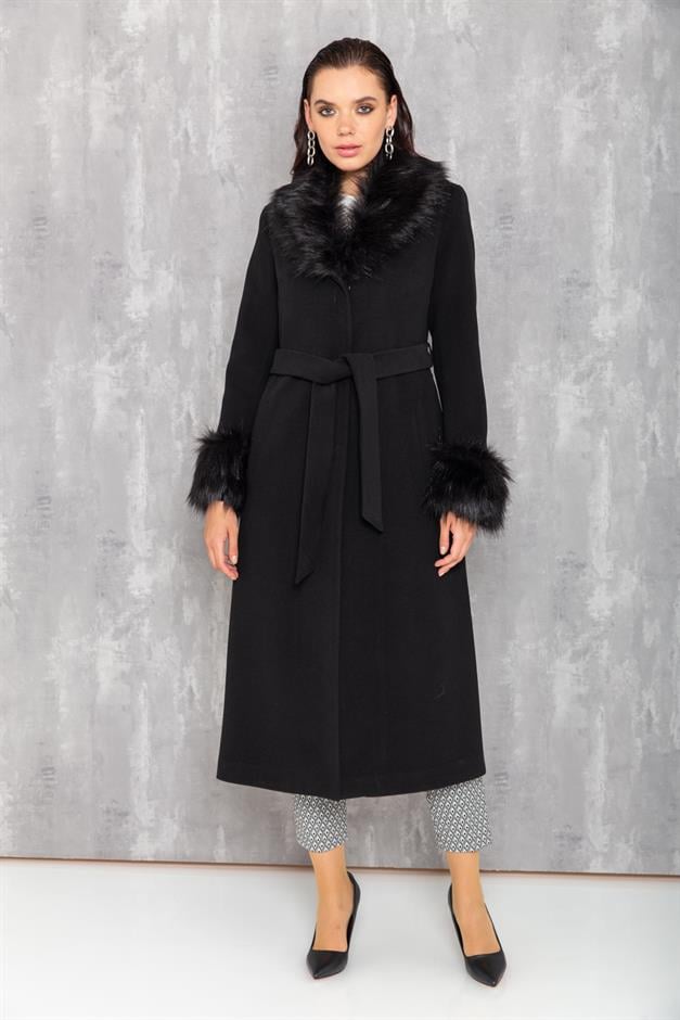 Mens Mid-Length Coat with Removable Fur Collar and Cuffs BLACK 3636