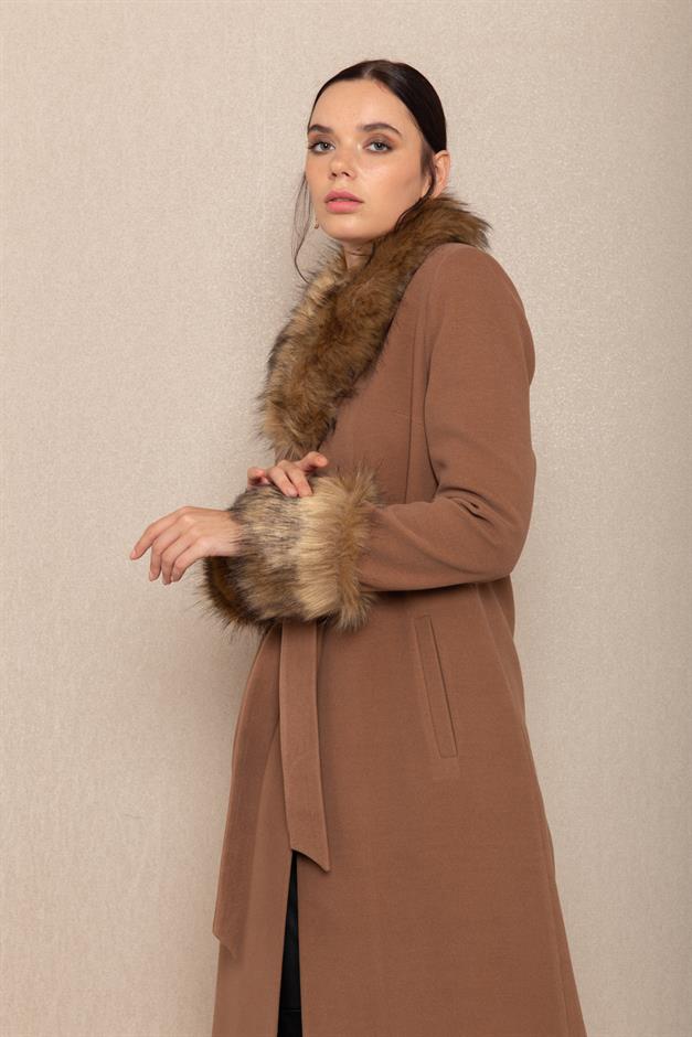 Mens Mid-Length Coat with Removable Fur Collar and Cuffs CAMEL 3636