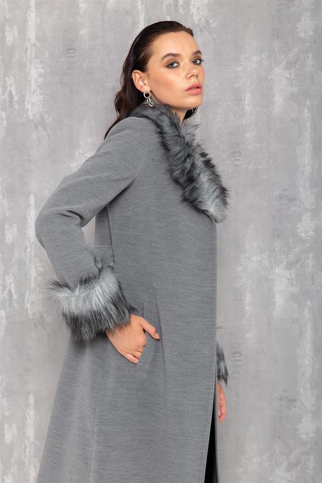 Mens Mid-Length Coat with Removable Fur Collar and Cuffs GREY 3636