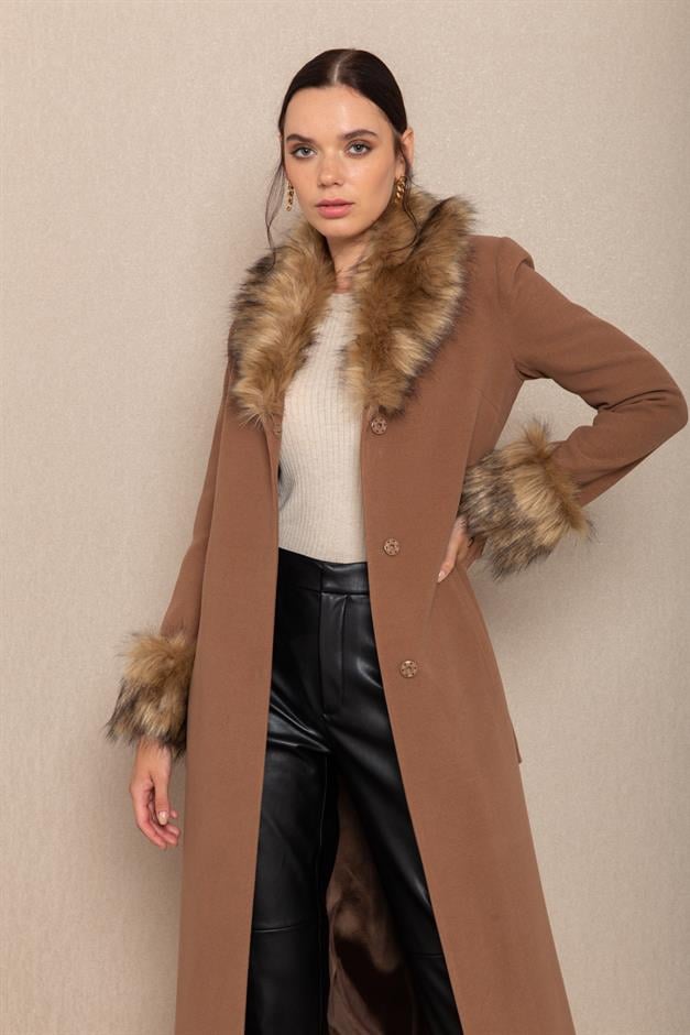 Mens Mid-Length Coat with Removable Fur Collar and Cuffs CAMEL 3636