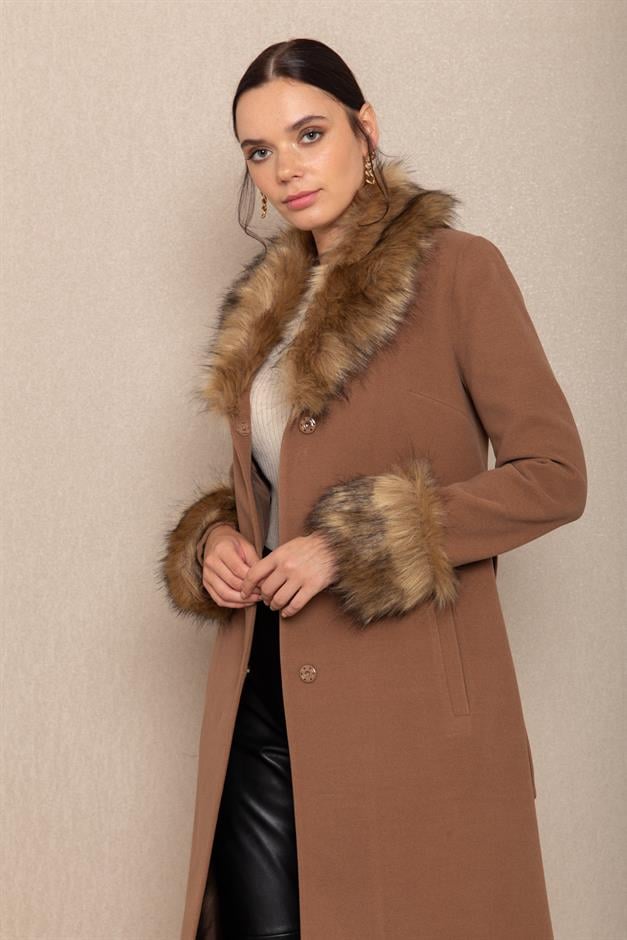 Mens Mid-Length Coat with Removable Fur Collar and Cuffs CAMEL 3636