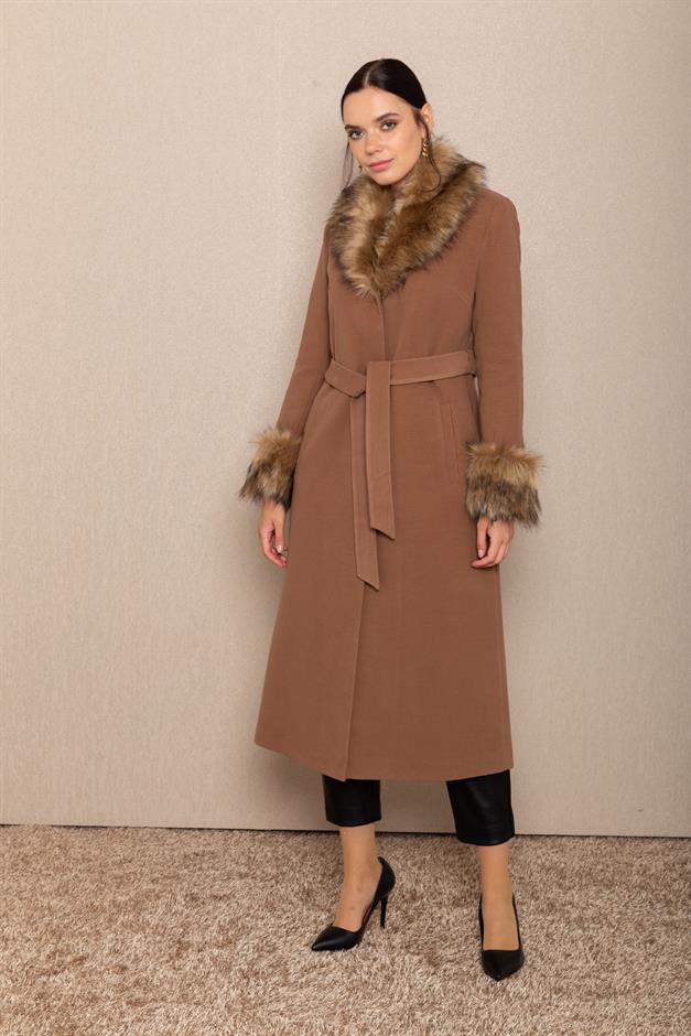 Mens Mid-Length Coat with Removable Fur Collar and Cuffs CAMEL 3636