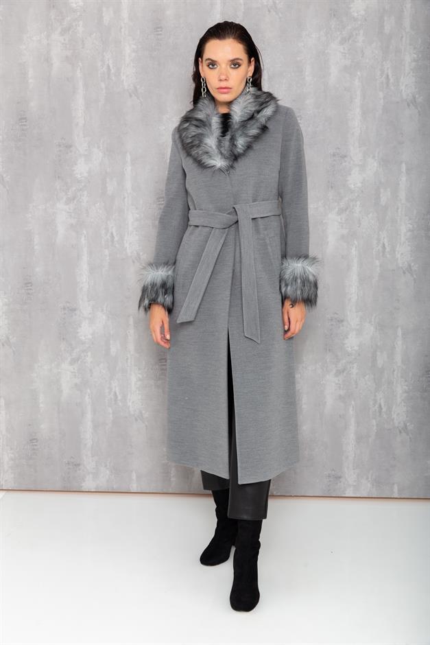 Mens Mid-Length Coat with Removable Fur Collar and Cuffs GREY 3636