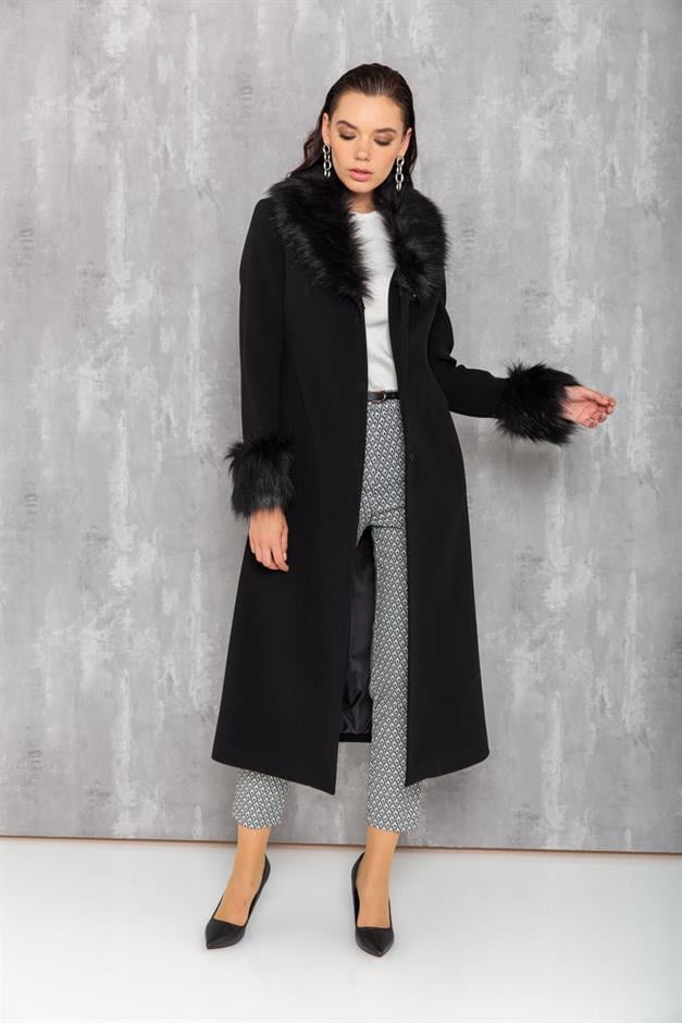 Mens Mid-Length Coat with Removable Fur Collar and Cuffs BLACK 3636