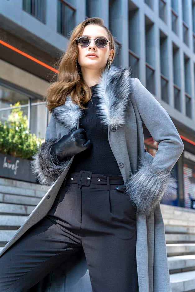 Mens Mid-Length Coat with Removable Fur Collar and Cuffs GREY 3636