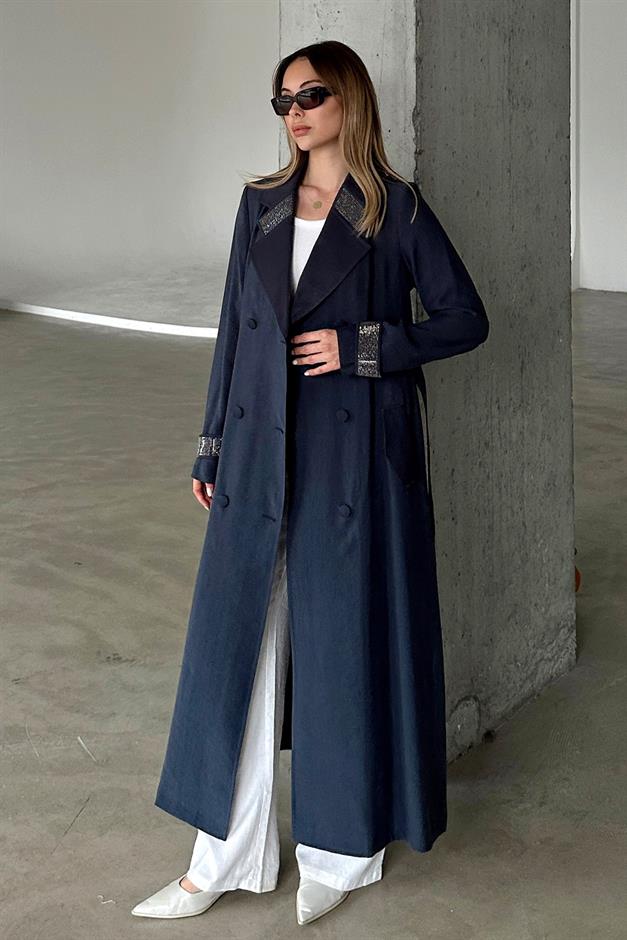 Unlined Cape with Stone Embellished Collar and Cuffs NAVY 6743