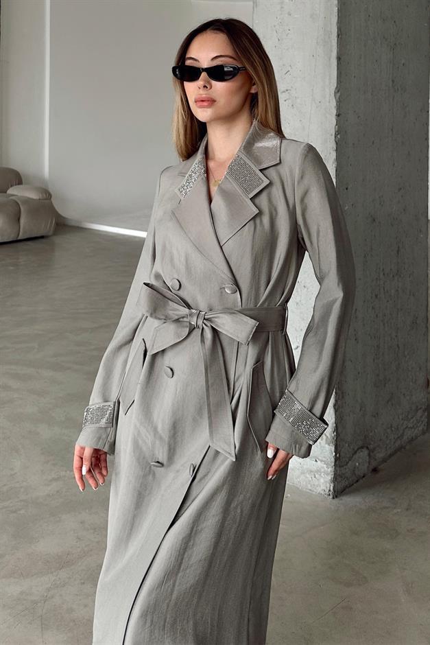 Unlined Cape with Stone Embellished Collar and Cuffs GREY 6743