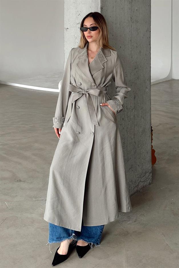Unlined Cape with Stone Embellished Collar and Cuffs GREY 6743