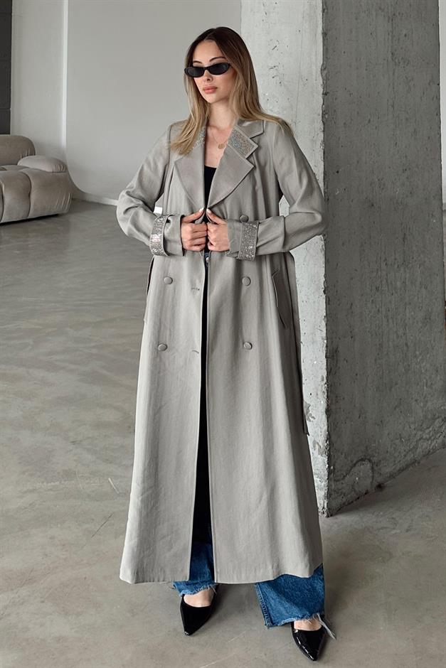 Unlined Cape with Stone Embellished Collar and Cuffs GREY 6743