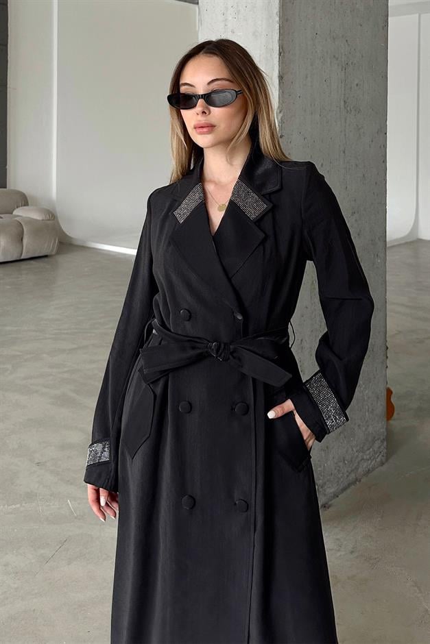 Unlined Cape with Stone Embellished Collar and Cuffs BLACK 6743