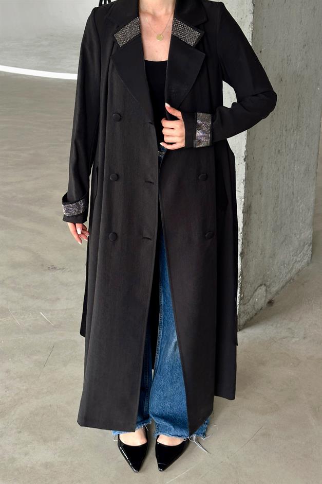 Unlined Cape with Stone Embellished Collar and Cuffs BLACK 6743