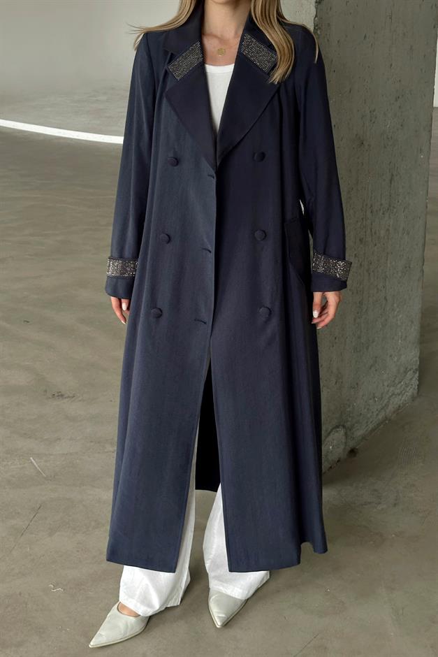 Unlined Cape with Stone Embellished Collar and Cuffs NAVY 6743