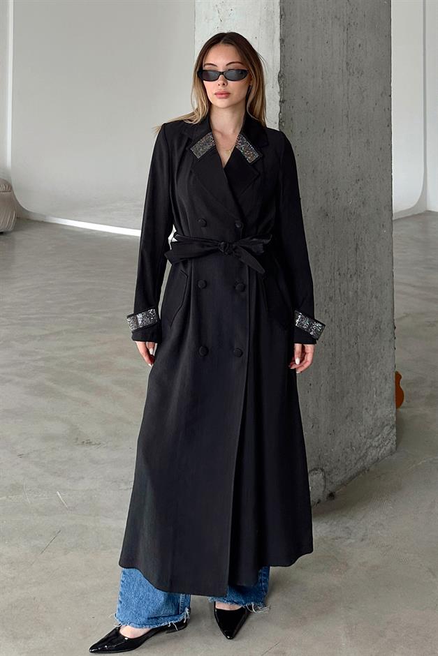 Unlined Cape with Stone Embellished Collar and Cuffs BLACK 6743