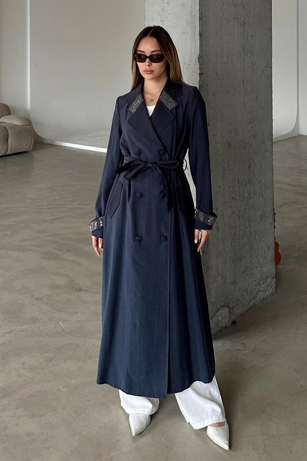 Unlined Cape with Stone Embellished Collar and Cuffs NAVY 6743